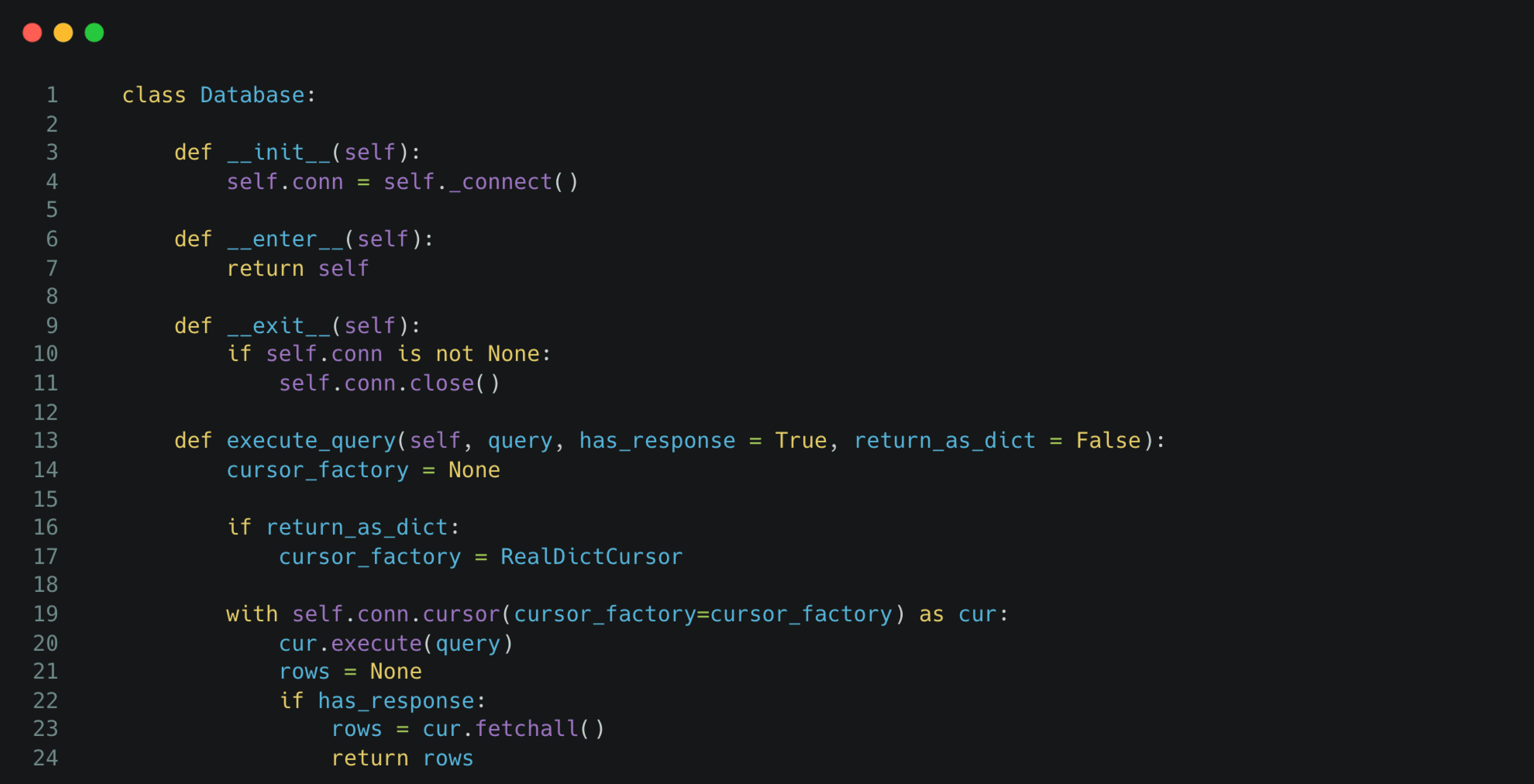 Screenshot of Python code defining a class called Database.